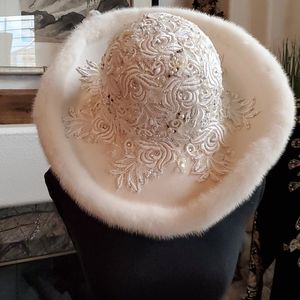 White JEWELED WIDE BRIM mink hat